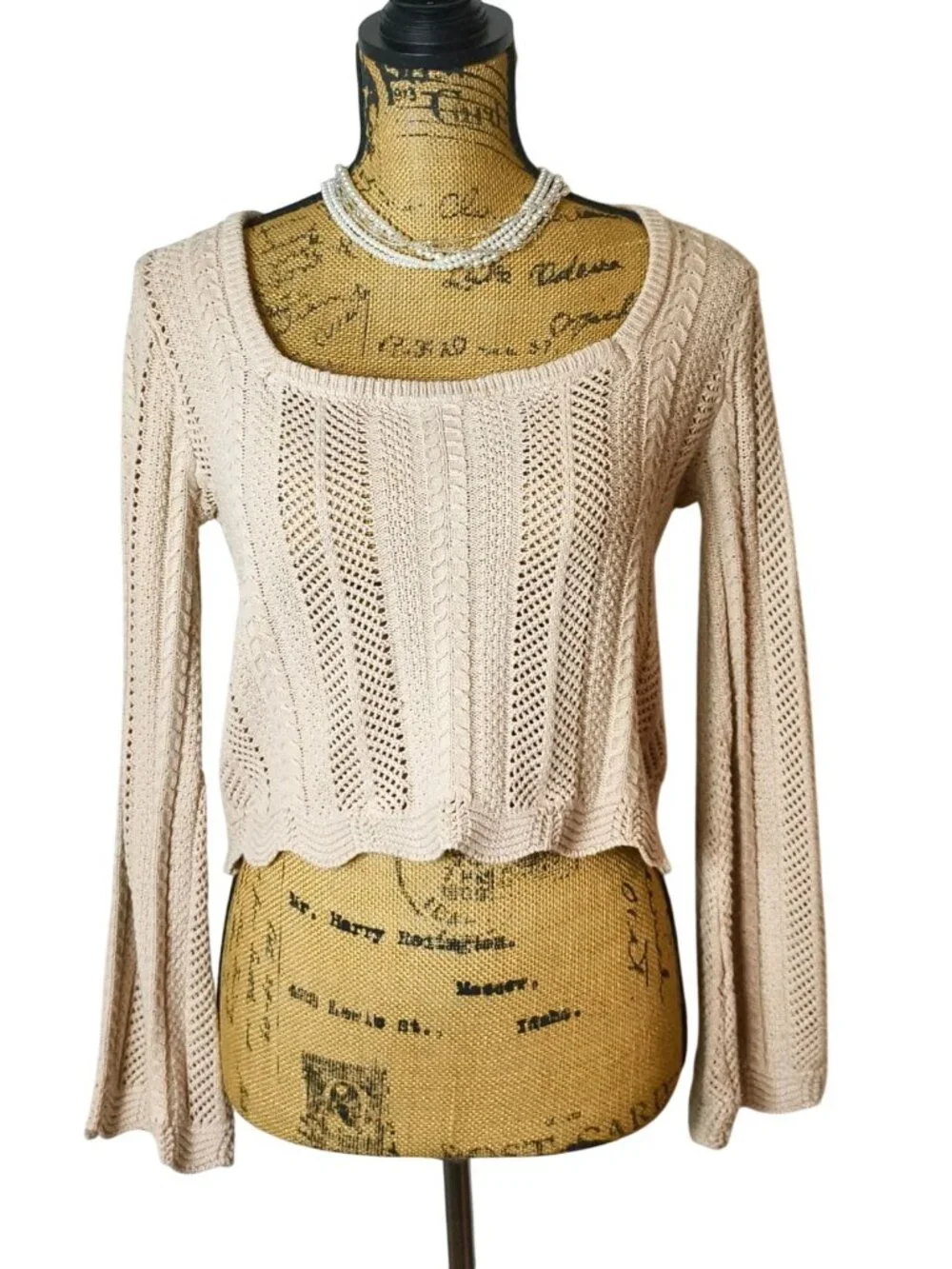 Pink Rose Womens S Cropped Knit Sweater Y2k Beige Long Bell Slvs Scallop Hem Vtg